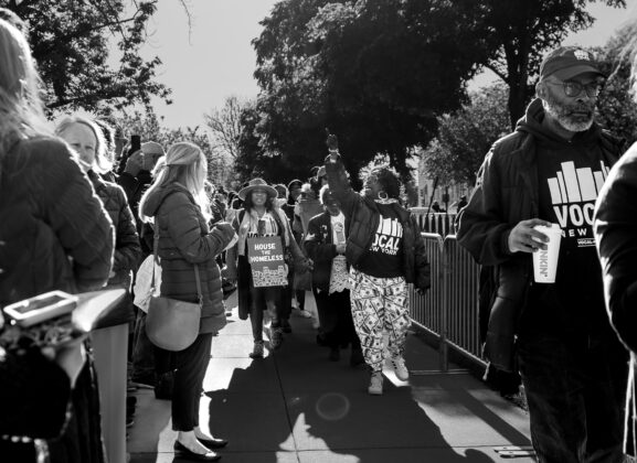 Protesters from New York City march in support of protections for the homeless outside the Supreme Court on the day of oral arguments for the Grants Pass case. Photo by Rudrani Ghosh.