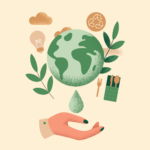 A climate change concept graphic that includes symbols of recycling, lightbulbs, and a floating earth.