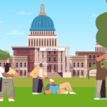 An illustration of groups of people enjoying the public space just outside of a city hall building.