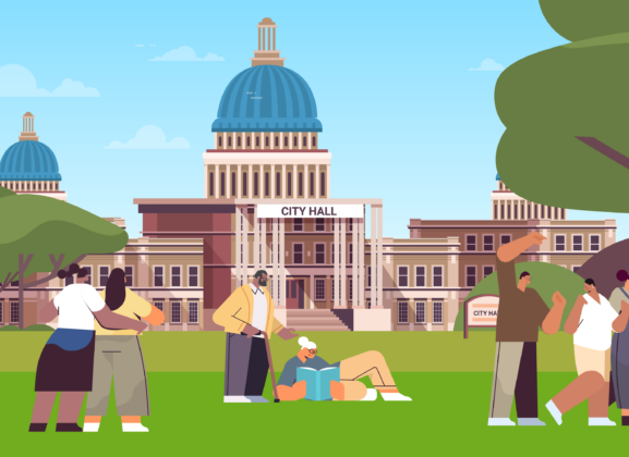 An illustration of groups of people enjoying the public space just outside of a city hall building.